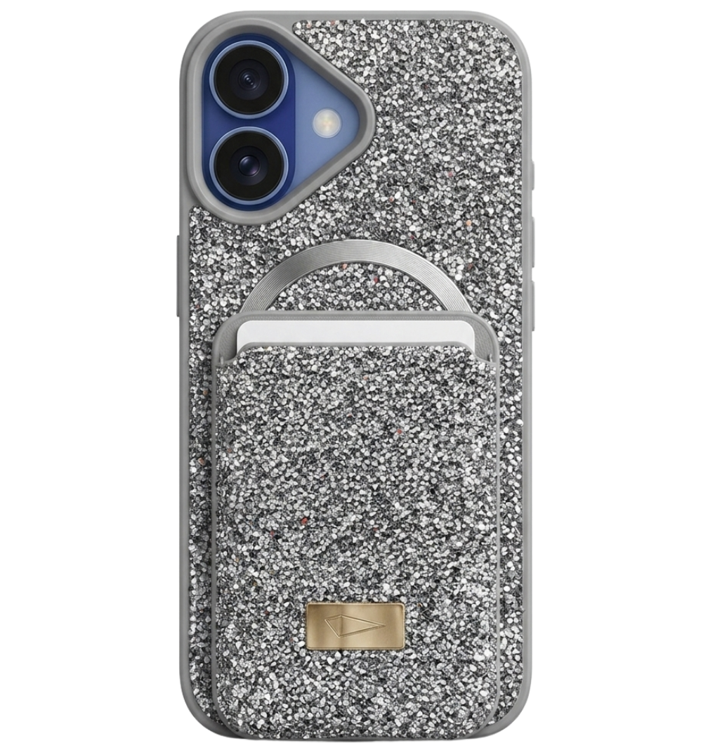 Parlak Taşlı Magsafe Telefon Kılıfı & Kartlık Set – Darbe Korumalı Premium Telefon Kılıfı (Gri)