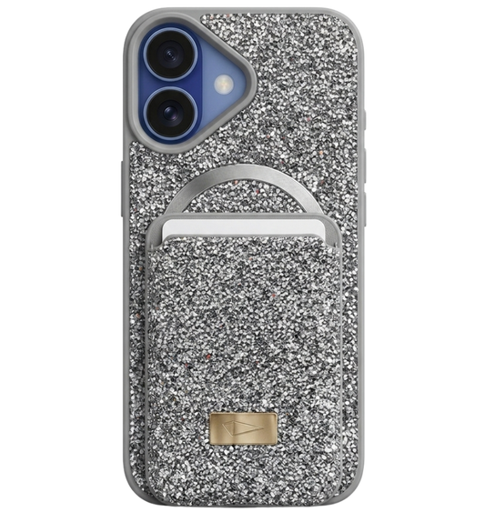 Parlak Taşlı Magsafe Telefon Kılıfı & Kartlık Set – Darbe Korumalı Premium Telefon Kılıfı (Gri)