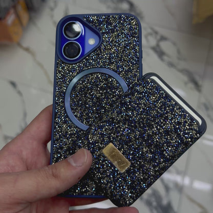 Parlak Taşlı Magsafe Telefon Kılıfı & Kartlık Set – Darbe Korumalı Premium Telefon Kılıfı (Lacivert)