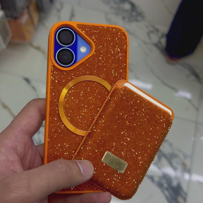 Parlak Taşlı Magsafe Telefon Kılıfı & Kartlık Set – Darbe Korumalı Premium Telefon Kılıfı (Turuncu)
