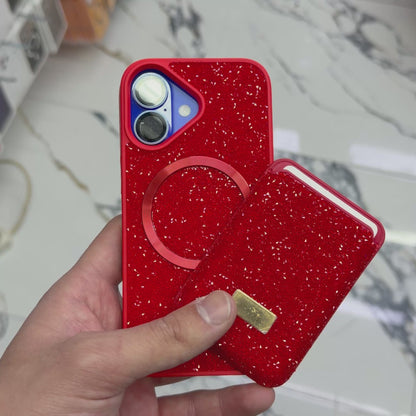 Parlak Taşlı Magsafe Telefon Kılıfı & Kartlık Set – Darbe Korumalı Premium Telefon Kılıfı (Kırmızı)