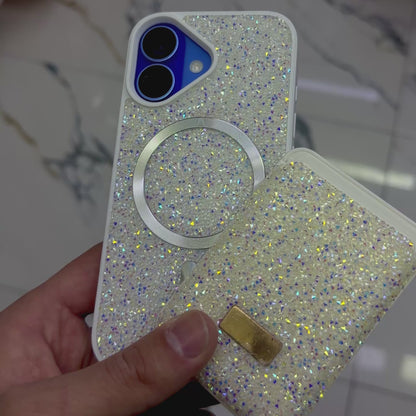 Parlak Taşlı Magsafe Telefon Kılıfı & Kartlık Set – Darbe Korumalı Premium Telefon Kılıfı (Beyaz)
